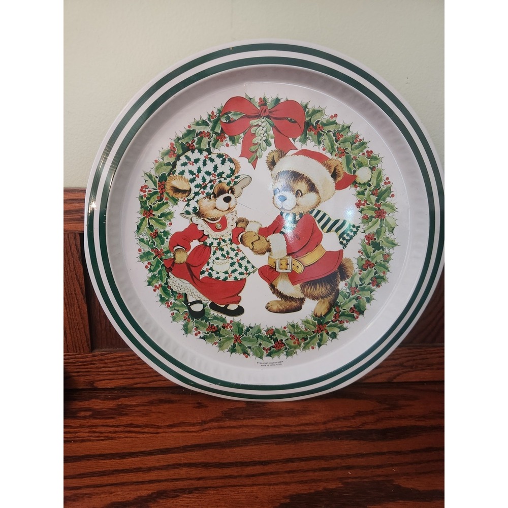 Vintage Christmas Cookie Serving Tray Round 13" Metal Holiday Teddy Bears Tin